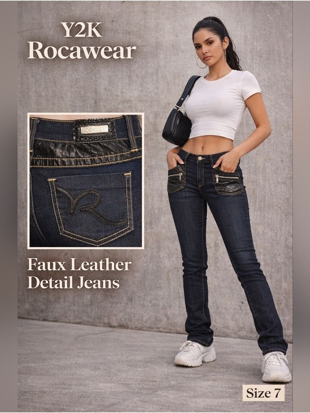 Y2K Rocawear Jeans Faux Leather Pocket Skinny Dark Wash Size 7 Streetwear Edgy